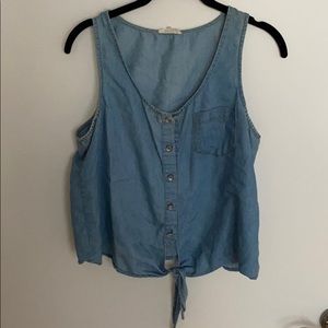 Jean tank top, button down and tie at bottom